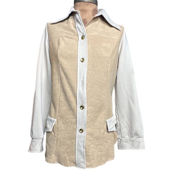 Vintage 70's NPC Fashions Moleskin/Polyester Button Up Blouse Beige Indie Retro - Picture 1 of 6